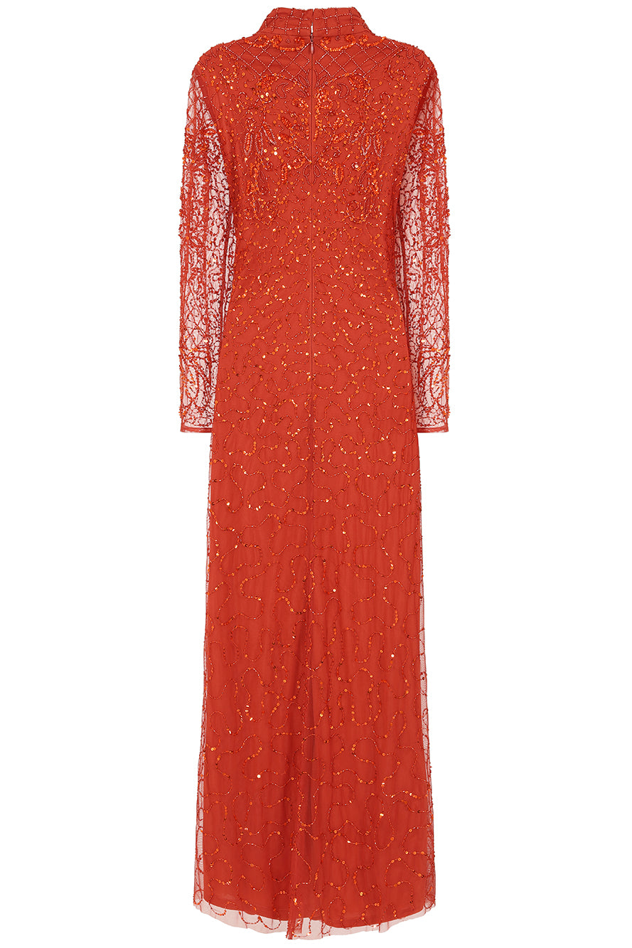 Edina Embellished Maxi Dress with long sleeves in orange, featuring sparkling beadwork, perfect for weddings, evening events, and formal occasions.