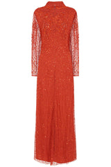 Edina Embellished Maxi Dress with long sleeves in orange, featuring sparkling beadwork, perfect for weddings, evening events, and formal occasions.