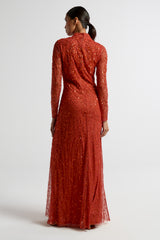 Edina Embellished Maxi Dress with long sleeves in orange, featuring sparkling beadwork, perfect for weddings, evening events, and formal occasions.