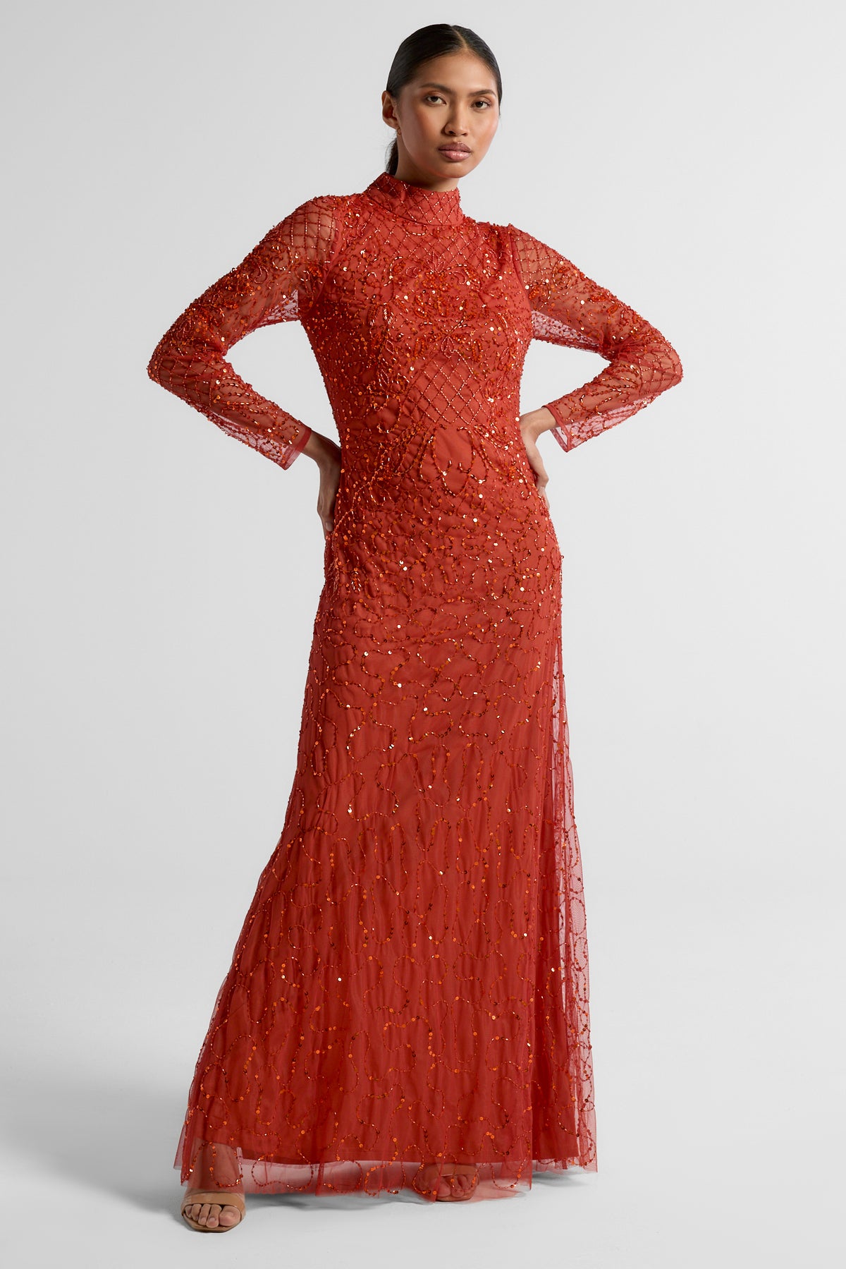 Edina Embellished Maxi Dress with long sleeves in orange, featuring sparkling beadwork, perfect for weddings, evening events, and formal occasions.