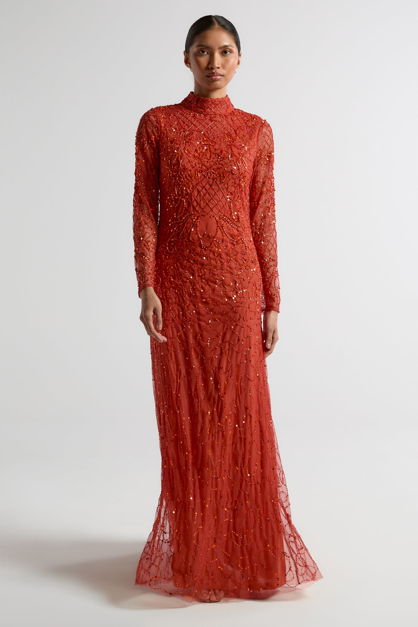 Edina Embellished Maxi Dress with long sleeves in orange, featuring sparkling beadwork, perfect for weddings, evening events, and formal occasions.