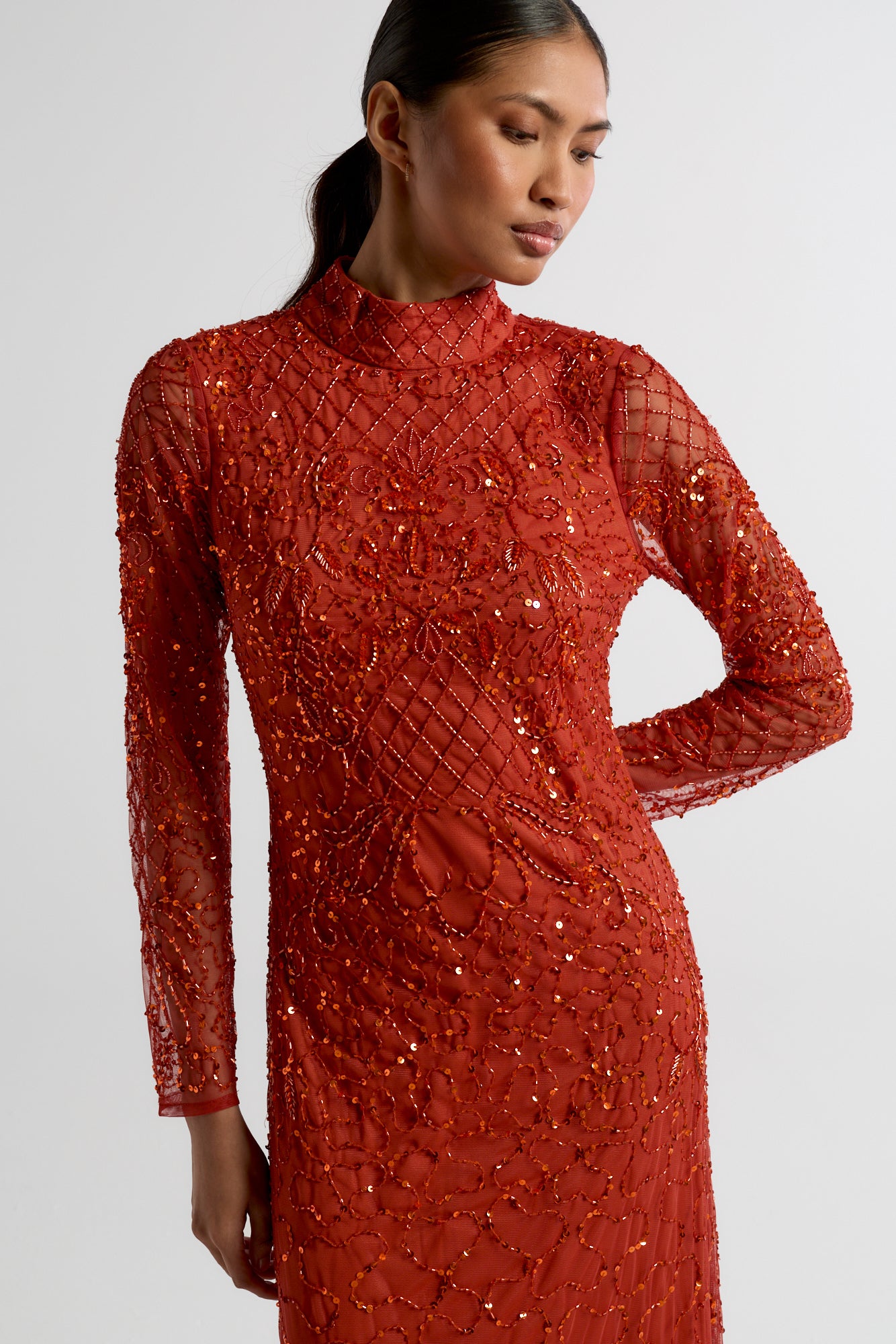 Edina Embellished Maxi Dress with long sleeves in orange, featuring sparkling beadwork, perfect for weddings, evening events, and formal occasions.