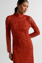 Edina Embellished Maxi Dress with long sleeves in orange, featuring sparkling beadwork, perfect for weddings, evening events, and formal occasions.