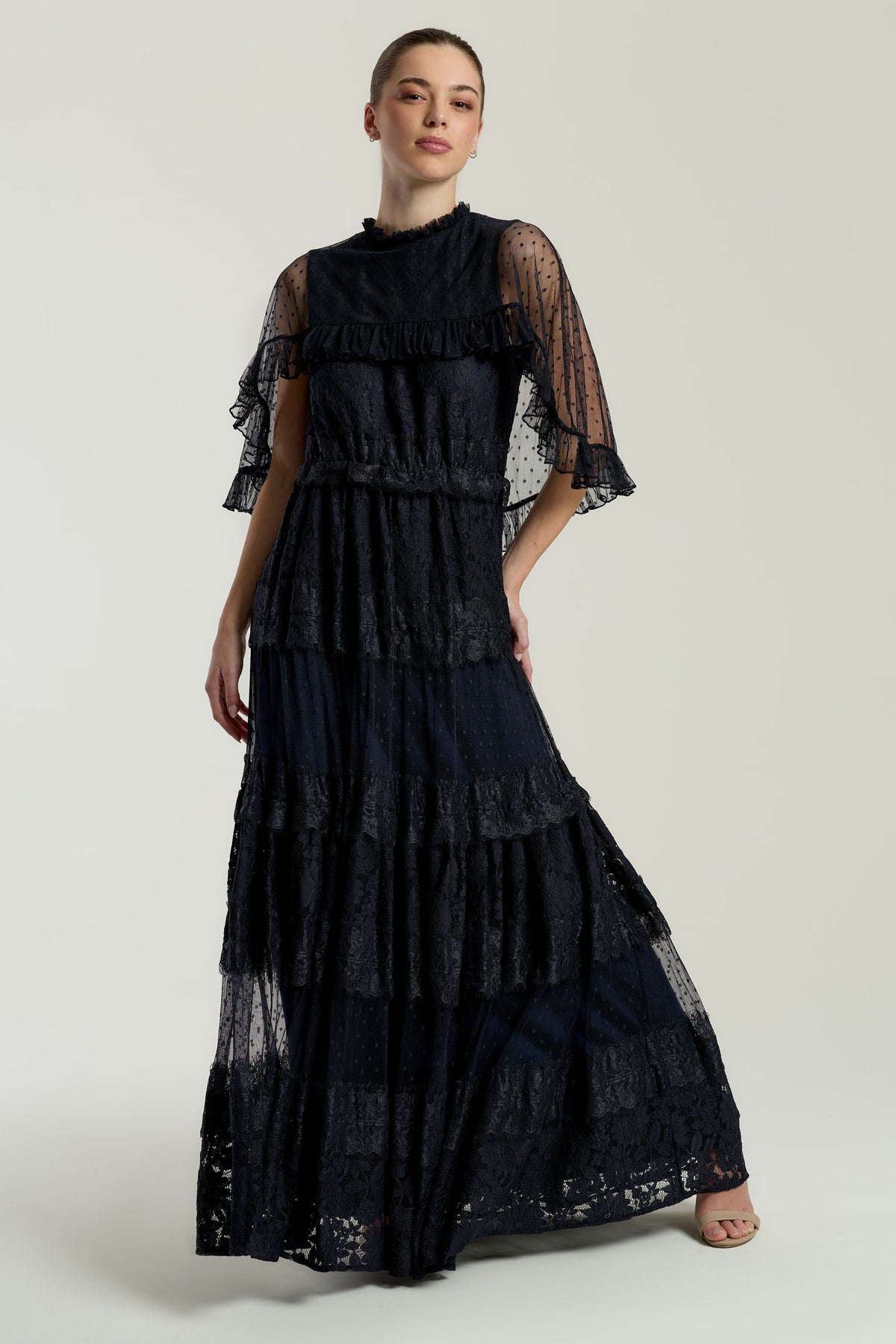 Edith Navy Lace Maxi Dress with Cape Detail – Frock and Frill