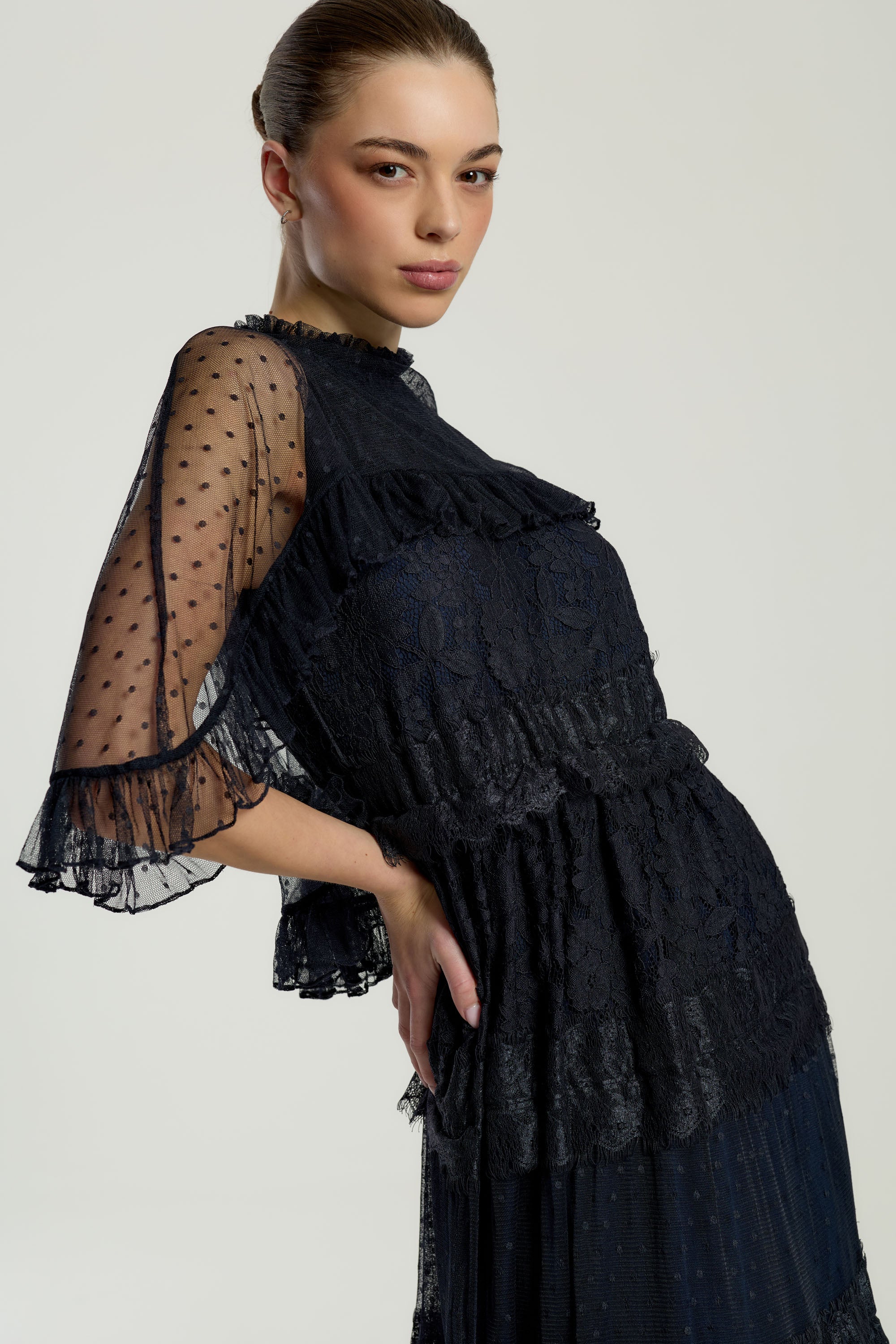 Edith Navy Lace Maxi Dress with Cape Detail – Frock and Frill