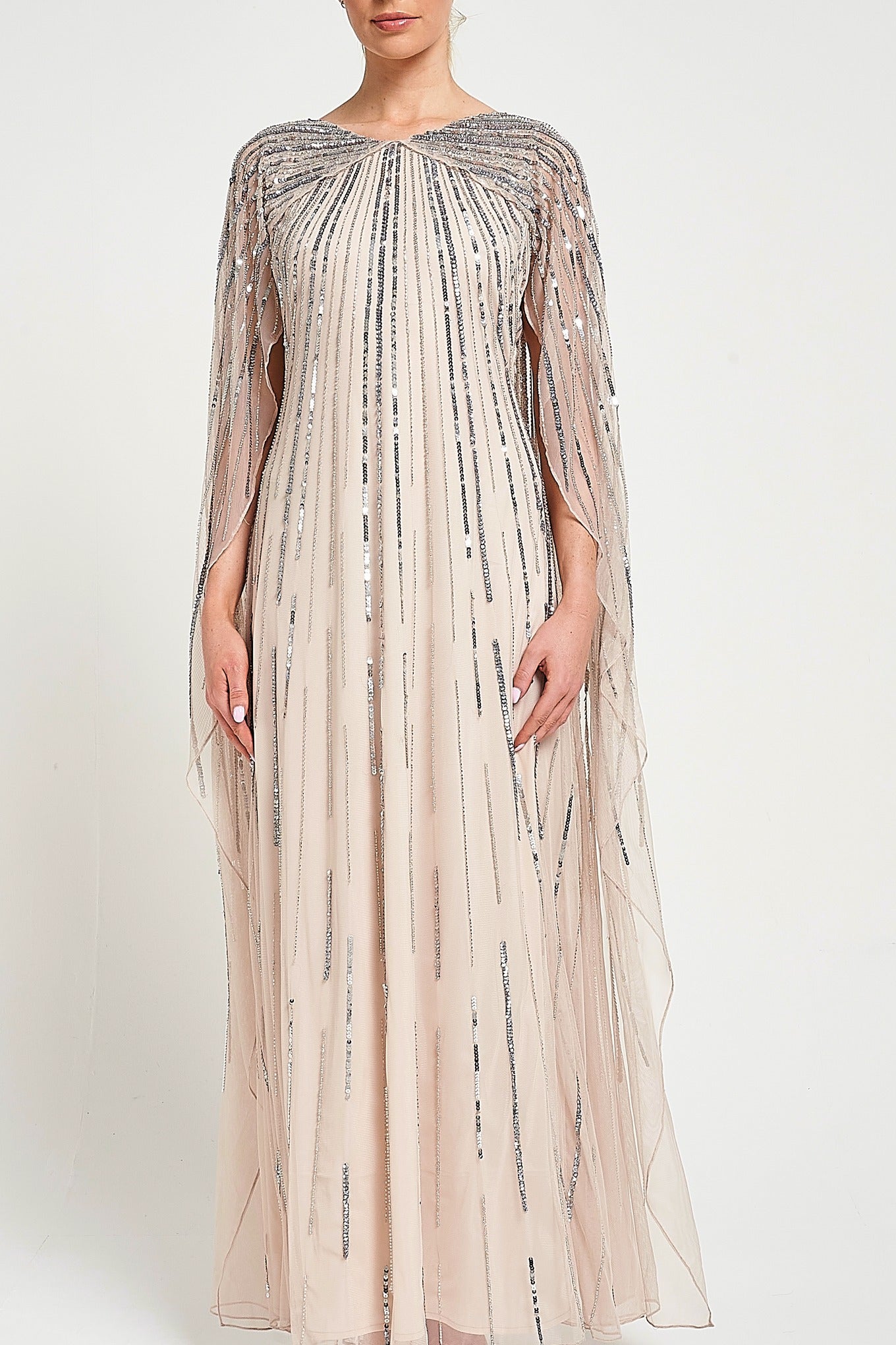 Edna Nude Sequin Cape Sleeve Maxi Dress – Frock and Frill Edna Nude Sequin Cape Sleeve Maxi Dress – Frock and Frill