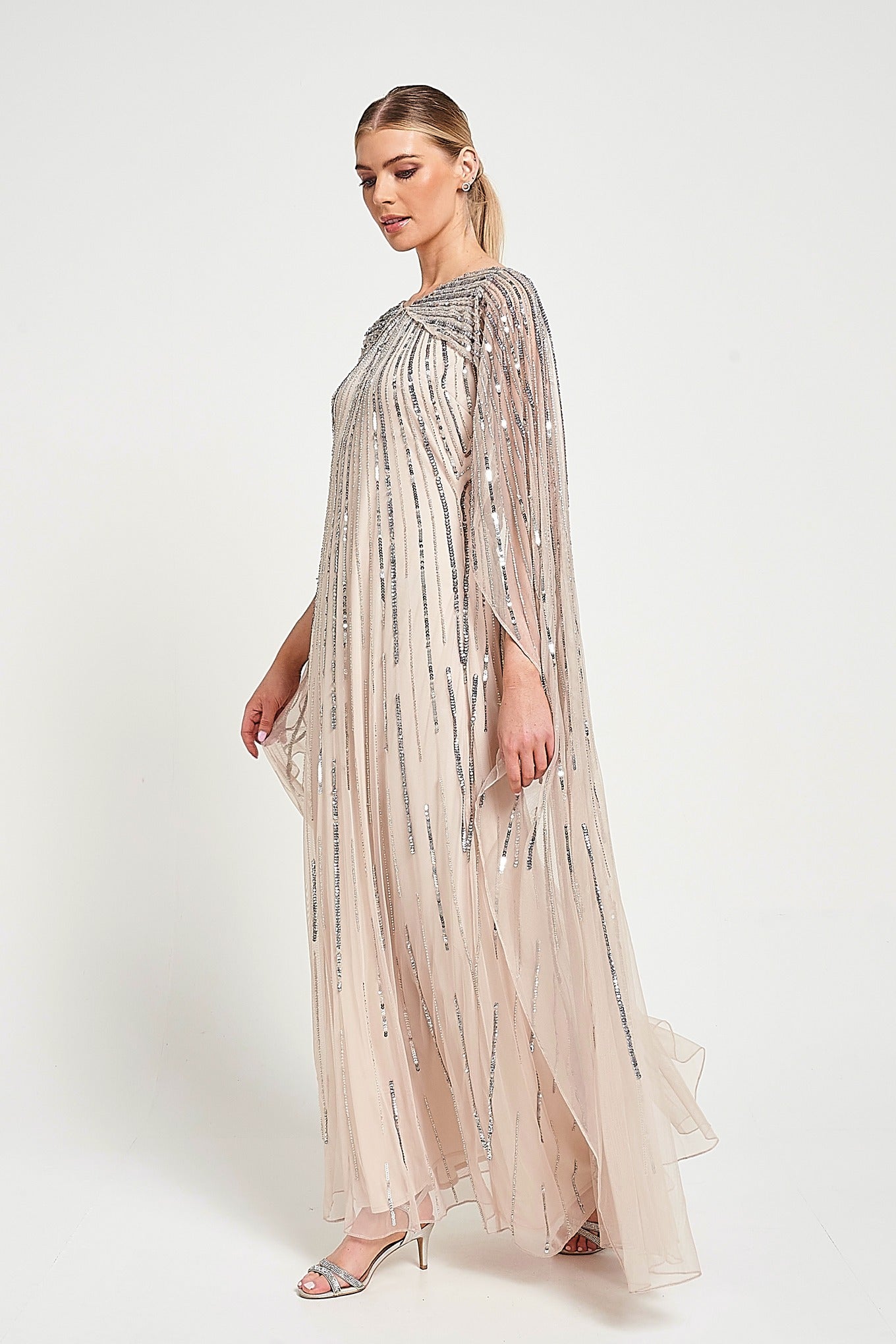 Edna Nude Sequin Cape Sleeve Maxi Dress