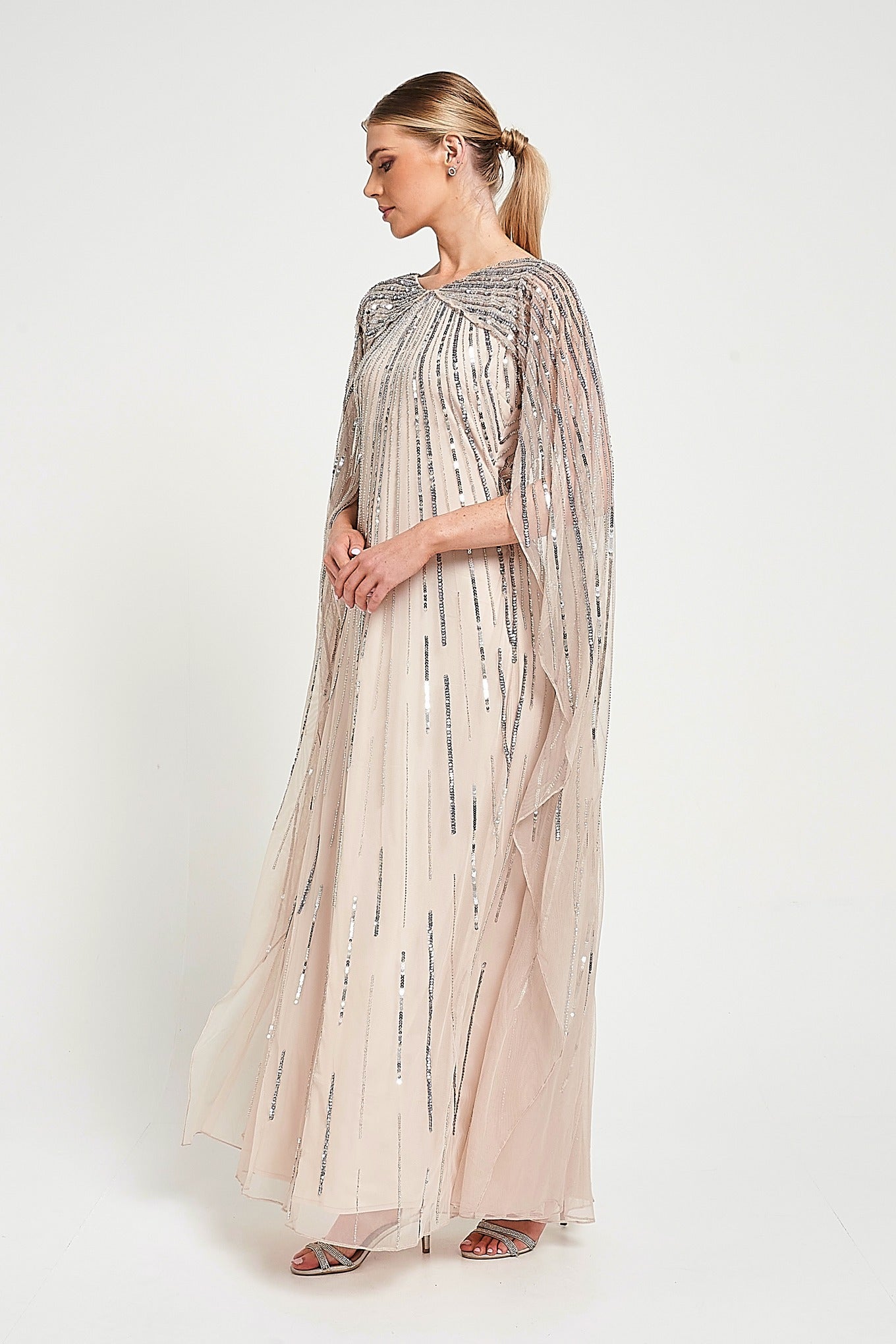 Edna Nude Sequin Cape Sleeve Maxi Dress Frock and Frill Edna Nude Sequin Cape Sleeve Maxi Dress Frock and Frill
