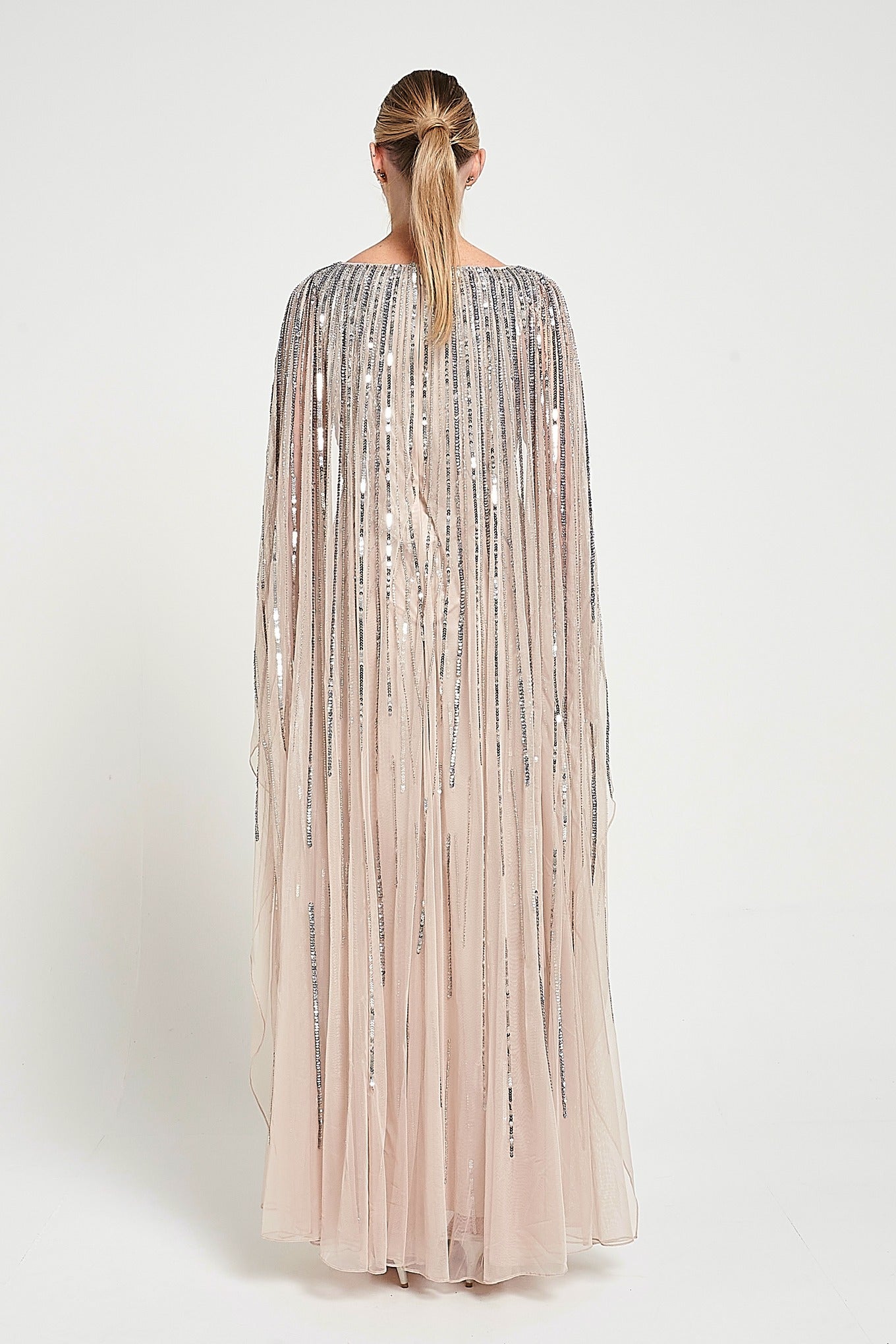 Edna Nude Sequin Cape Sleeve Maxi Dress
