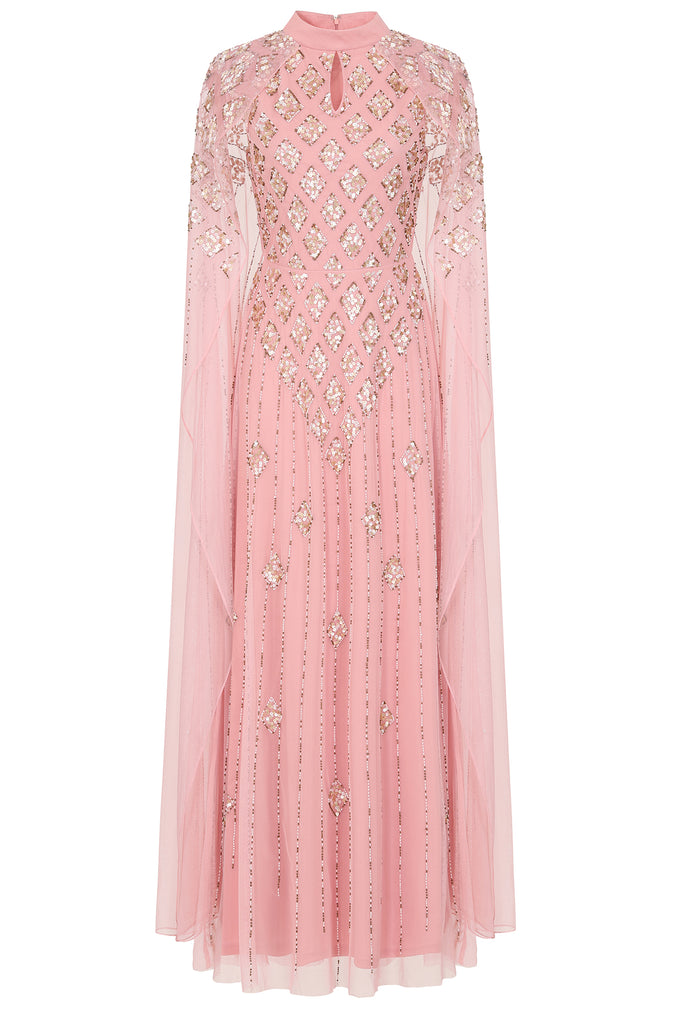 Eileen Pink Embellished Dress with Cape Sleeves