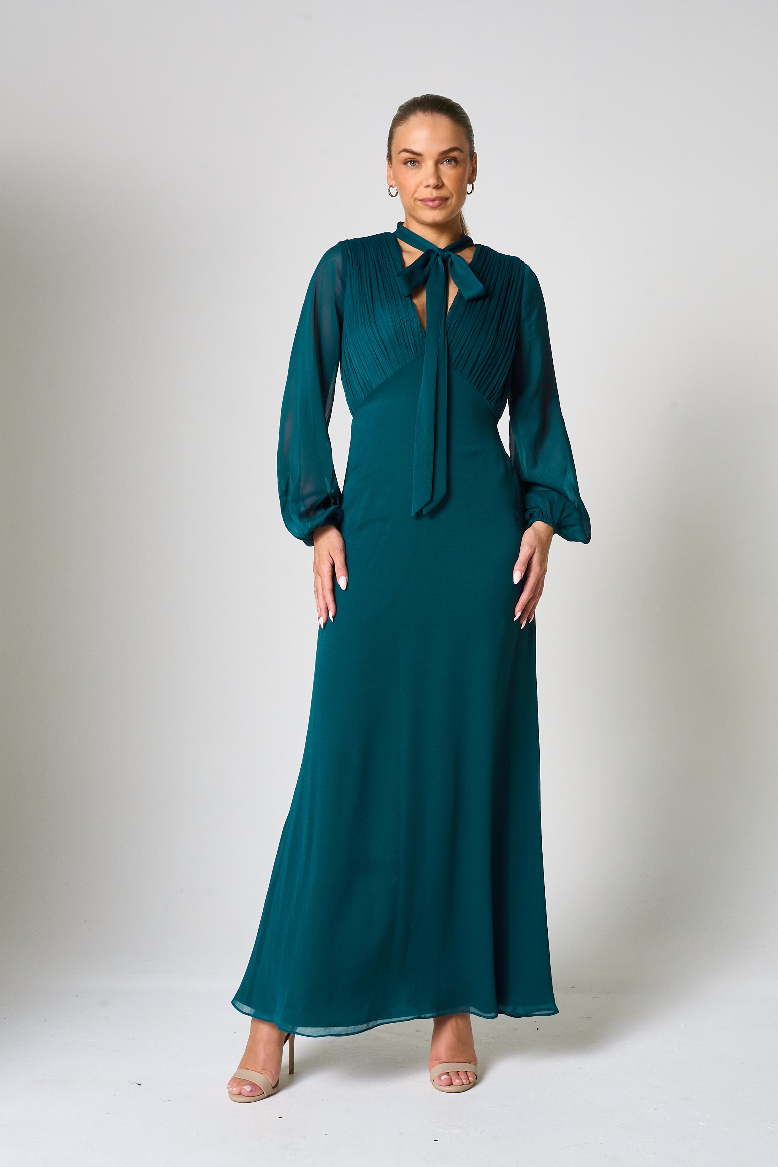 Elaine Green Tie Neck Maxi Dress 