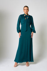 Elaine Green Tie Neck Maxi Dress 
