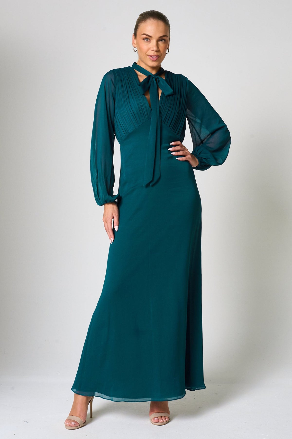 Elaine Green Tie Neck Maxi Dress Frock and Frill Elaine Green Tie Neck Maxi Dress Frock and Frill