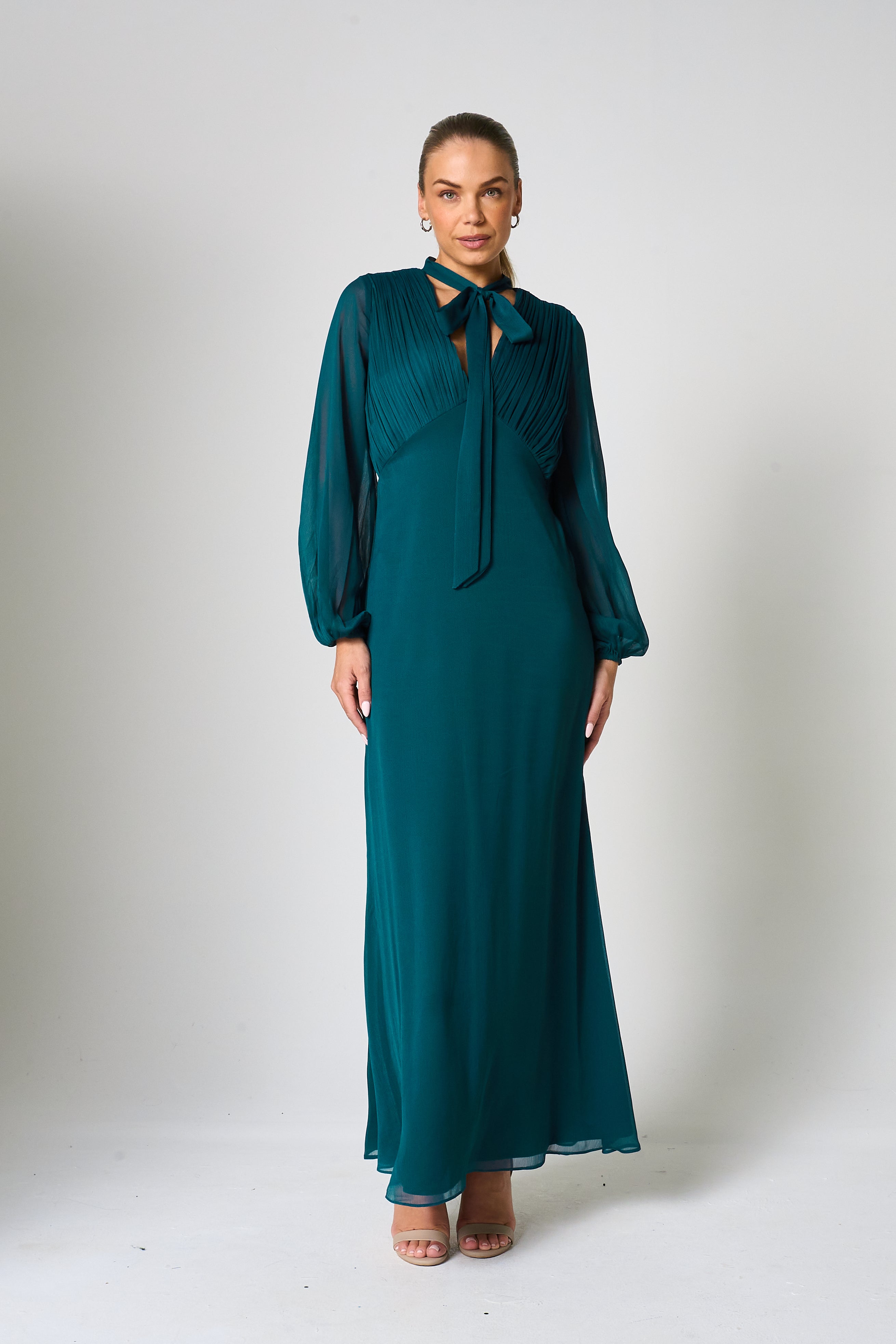 Elaine Green Tie Neck Maxi Dress 