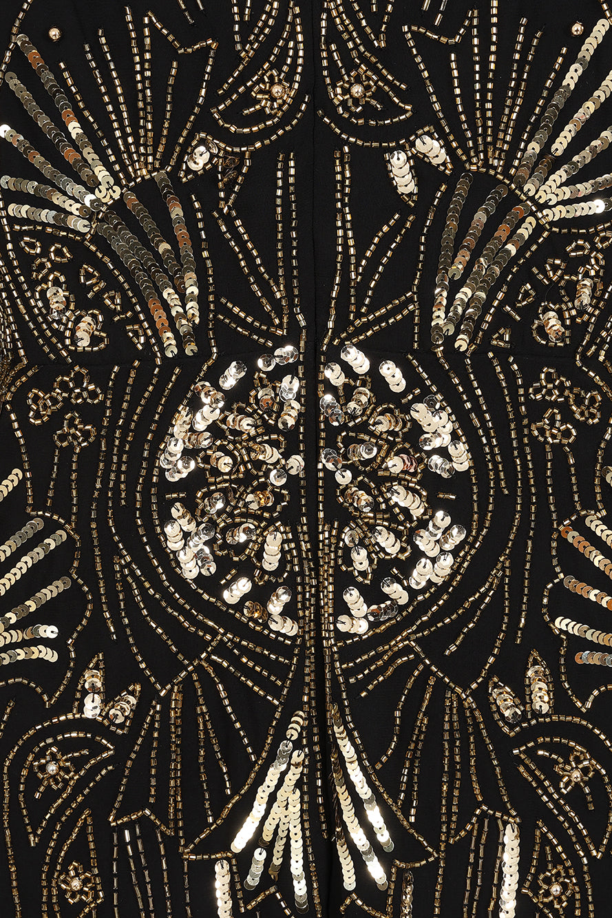 Elara black maxi dress with gold embellishment and sheer cape