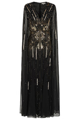Elara black maxi dress with gold embellishment and sheer cape