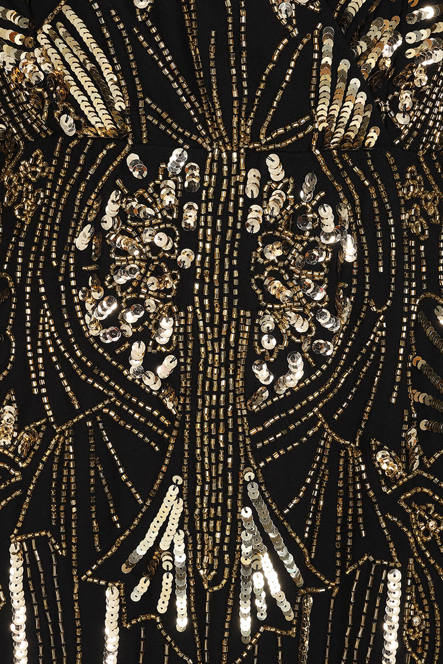 Elara black maxi dress with gold embellishment and sheer cape