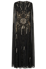 Elara black maxi dress with gold embellishment and sheer cape