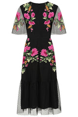 Frock and Frill Elena black midi dress with colourful floral embroidery, sheer polka dot mesh overlay, V neckline and flared sleeves.