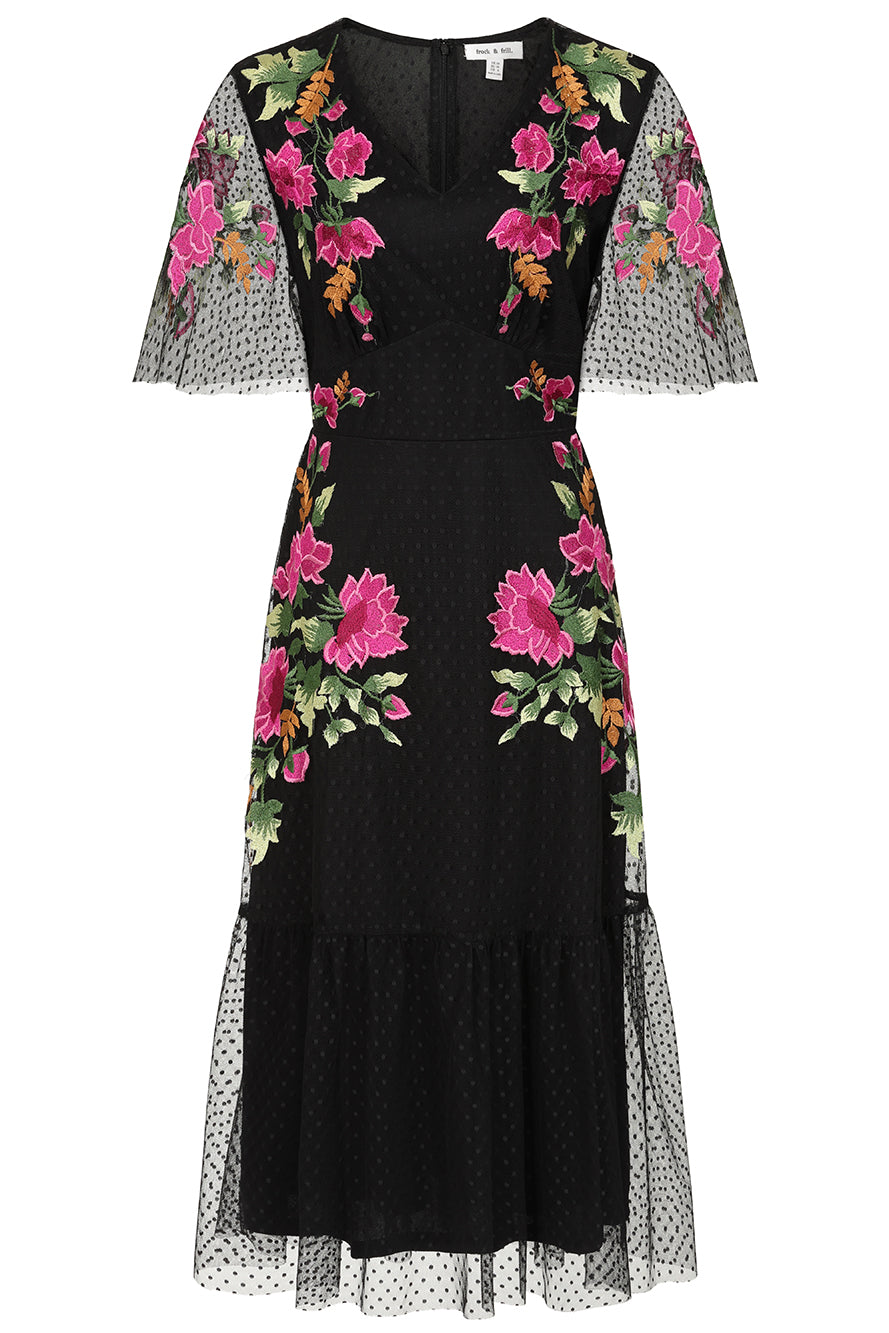 Frock and Frill Elena black midi dress with colourful floral embroidery, sheer polka dot mesh overlay, V neckline and flared sleeves.