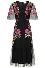 Frock and Frill Elena black midi dress with colourful floral embroidery, sheer polka dot mesh overlay, V neckline and flared sleeves.