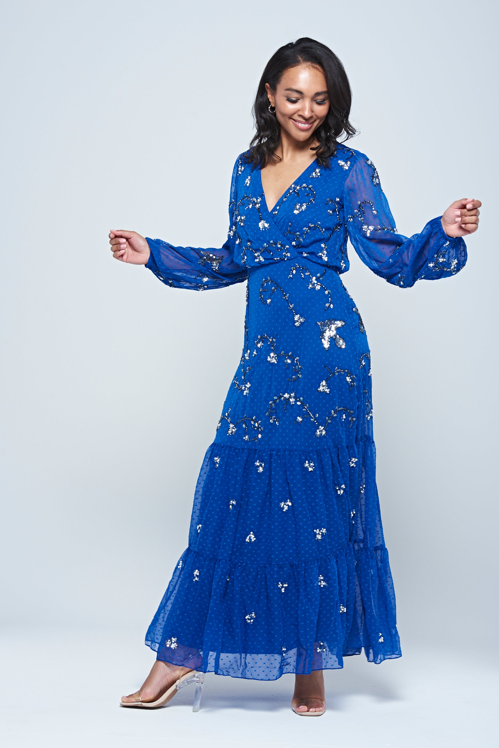 Elena Blue Embellished Maxi Dress
