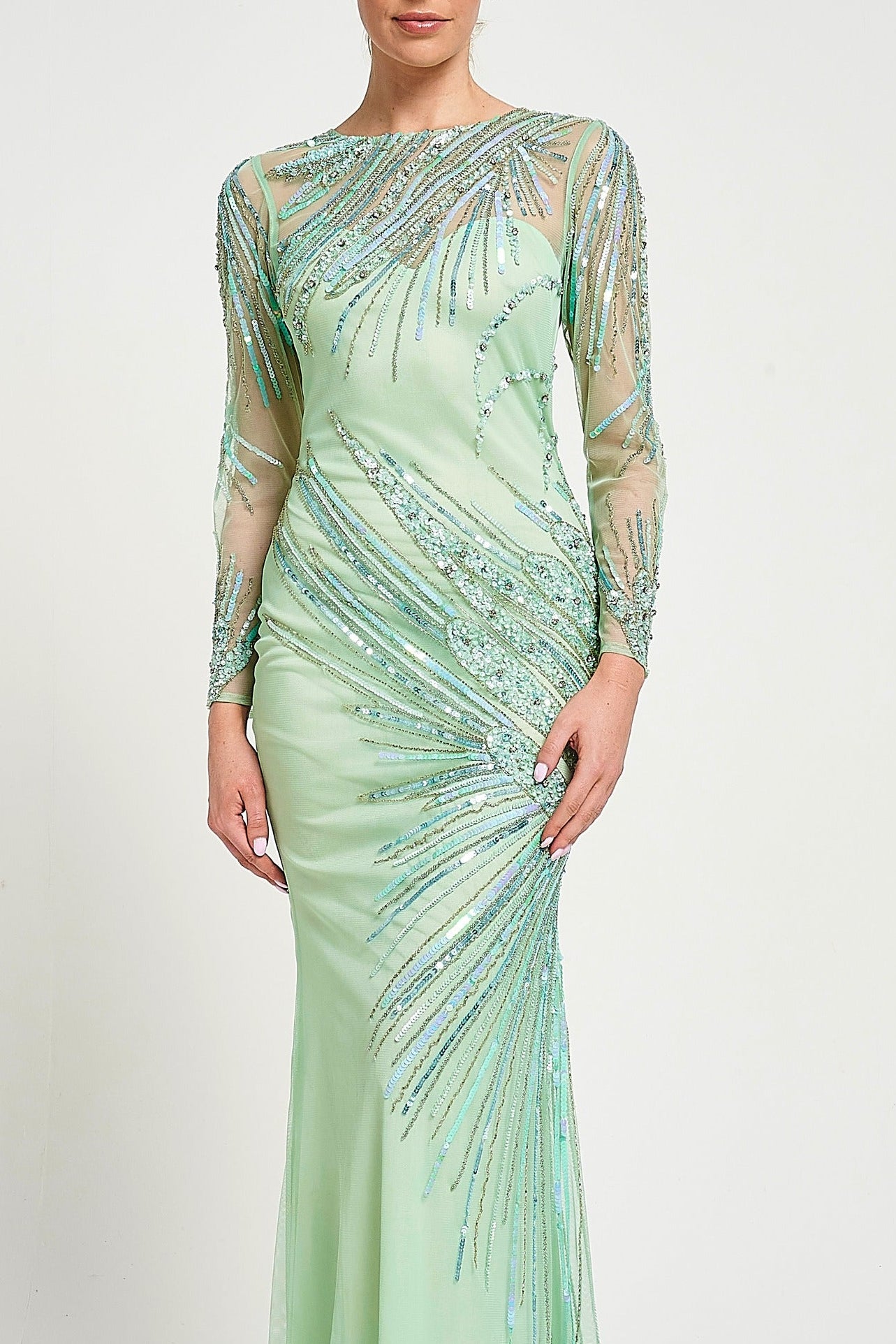 Elina Green Embellished Maxi Dress with sheer long sleeves and intricate sequin and bead embellishment
