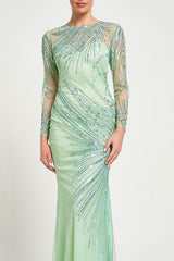 Elina Green Embellished Maxi Dress with sheer long sleeves and intricate sequin and bead embellishment