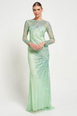 Elina Green Embellished Maxi Dress with sheer long sleeves and intricate sequin and bead embellishment