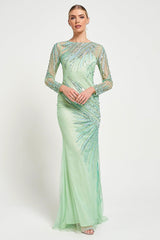 Elina Green Embellished Maxi Dress with sheer long sleeves and intricate sequin and bead embellishment