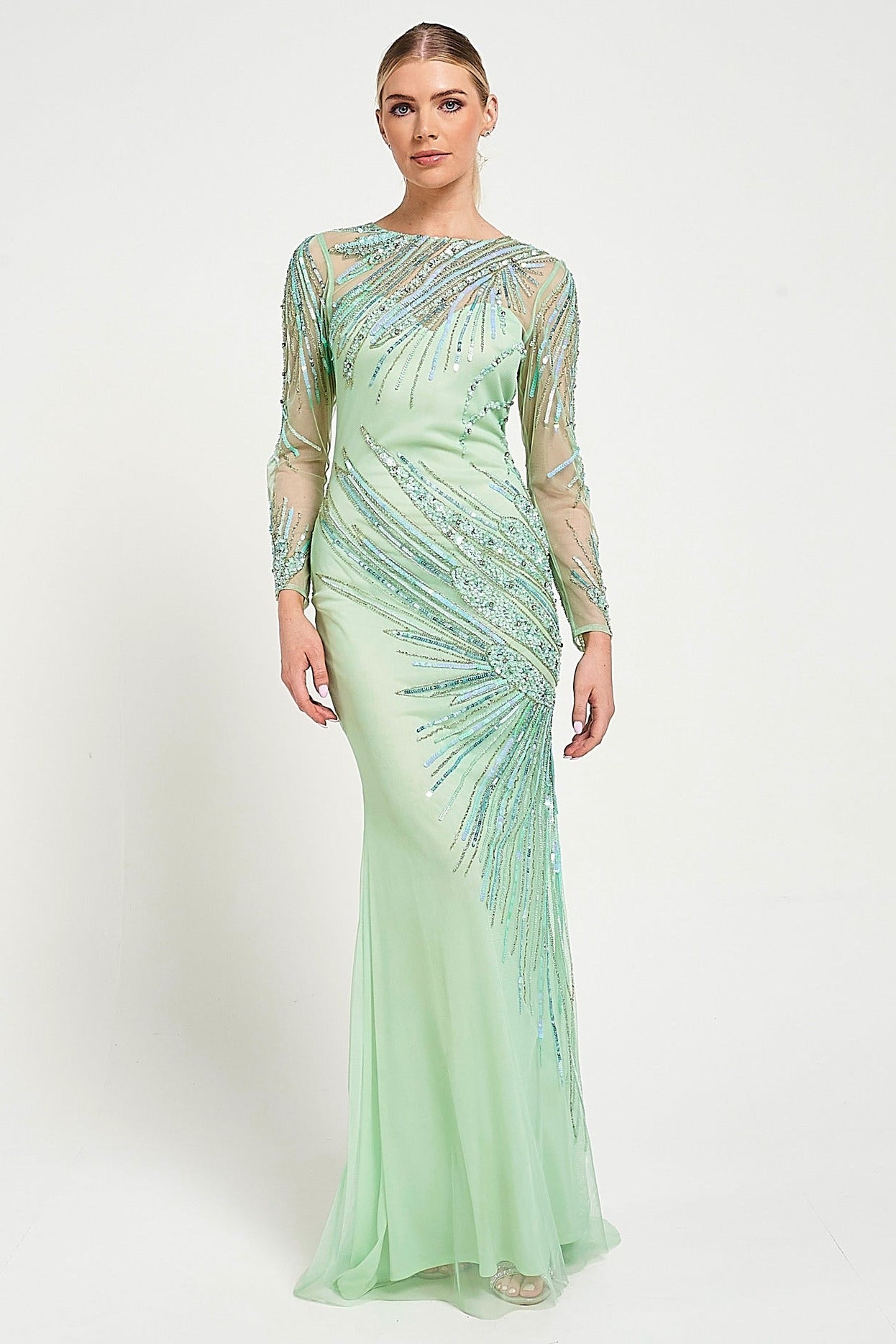 Elina Green Embellished Maxi Dress with sheer long sleeves and intricate sequin and bead embellishment