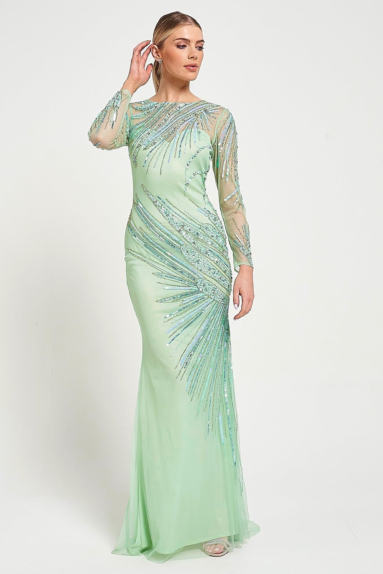 Elina Green Embellished Maxi Dress with sheer long sleeves and intricate sequin and bead embellishment