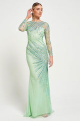 Elina Green Embellished Maxi Dress with sheer long sleeves and intricate sequin and bead embellishment