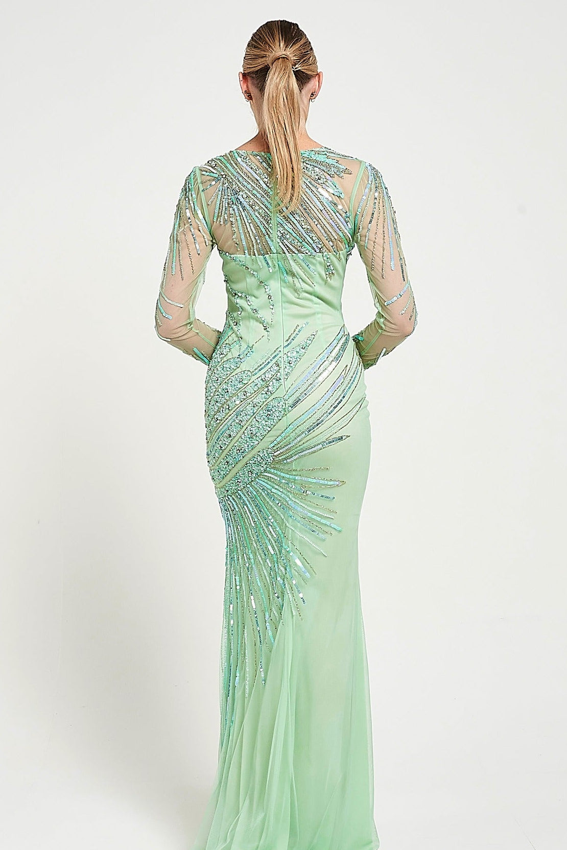 Elina Green Embellished Maxi Dress with sheer long sleeves and intricate sequin and bead embellishment