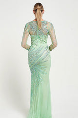 Elina Green Embellished Maxi Dress with sheer long sleeves and intricate sequin and bead embellishment