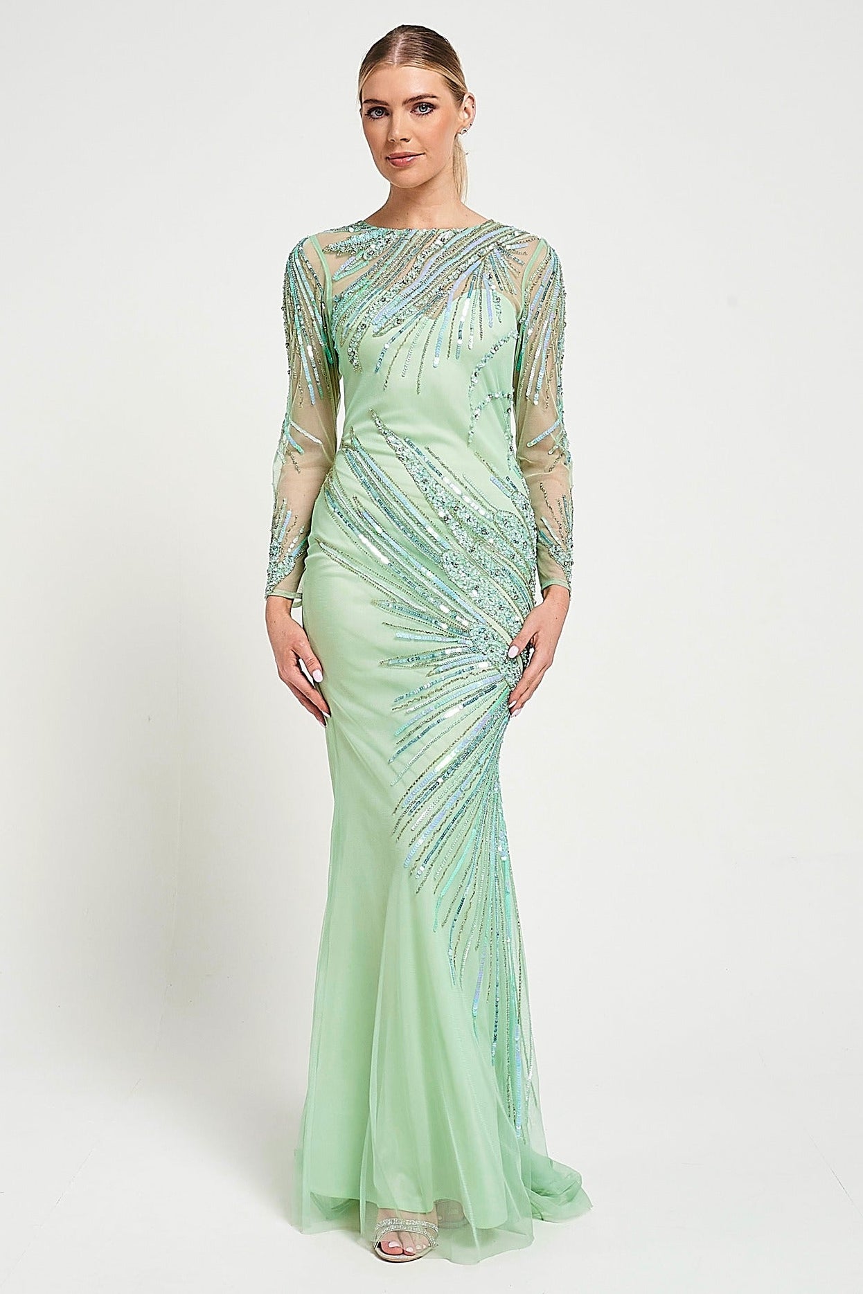 Elina Green Embellished Maxi Dress with sheer long sleeves and intricate sequin and bead embellishment
