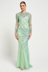 Elina Green Embellished Maxi Dress with sheer long sleeves and intricate sequin and bead embellishment