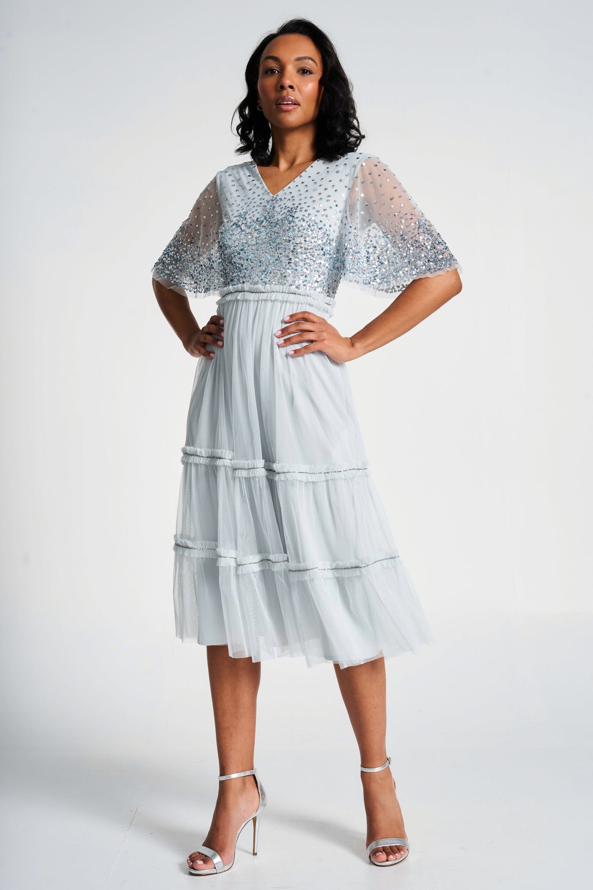 Eliza Ether Blue Sequin Midi Dress – Frock and Frill
