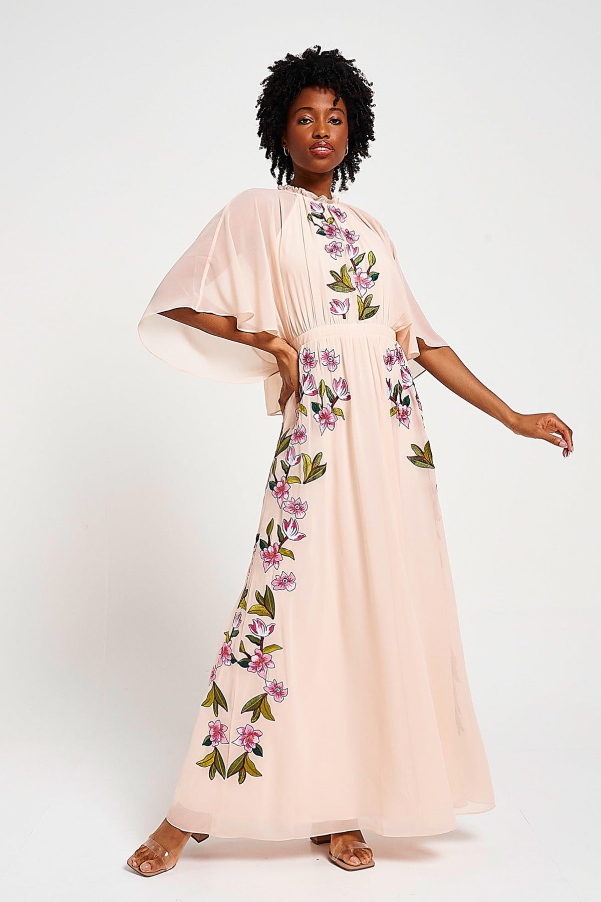 Elliana Blush Floral Embroidered Cape Maxi Dress Frock and Frill Elliana Blush Floral Embroidered Cape Maxi Dress Frock and Frill