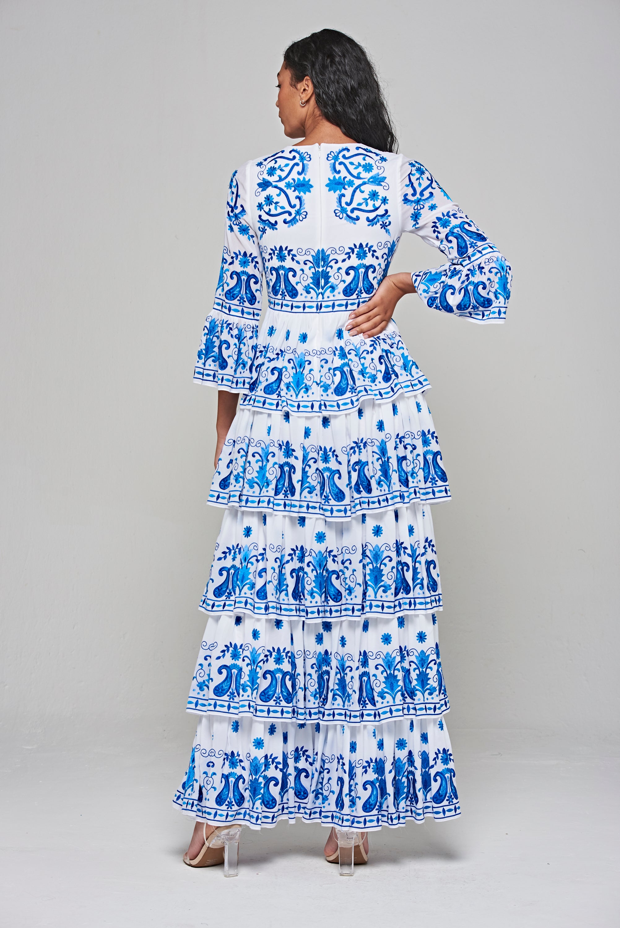 Elodea White and Blue Embroidered Tiered Maxi Dress 