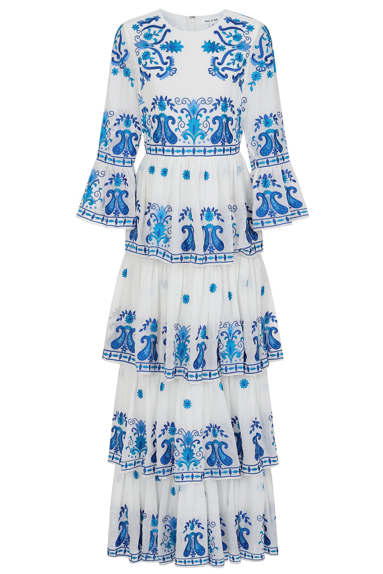 Elodea White and Blue Embroidered Tiered Maxi Dress 