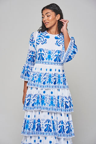 Elodea White and Blue Embroidered Tiered Maxi Dress 
