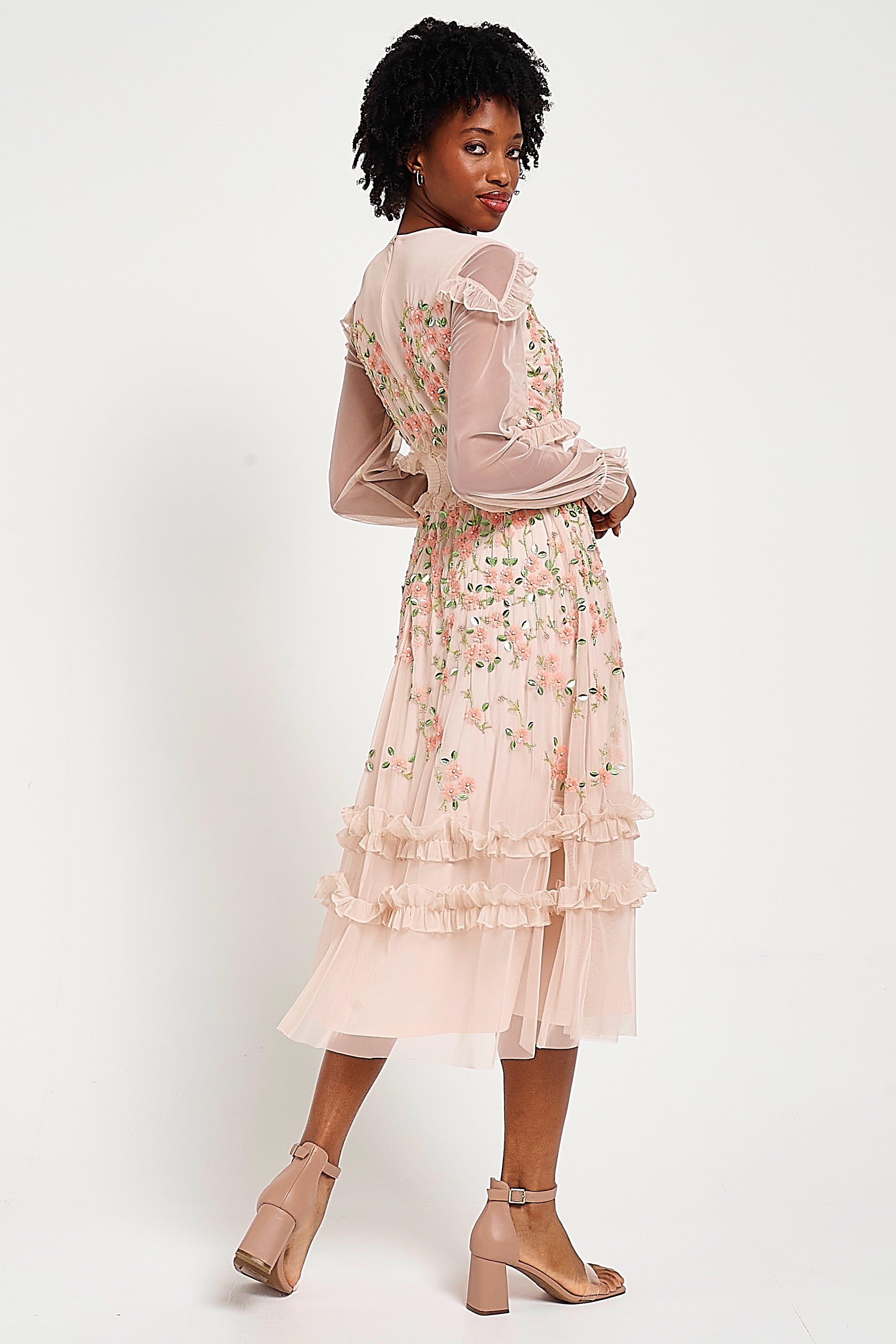 blush floral pleated ruffle midi dress Blush Floral Maxi Dress - Mesh Pleated Dress - Tie-Back Dress