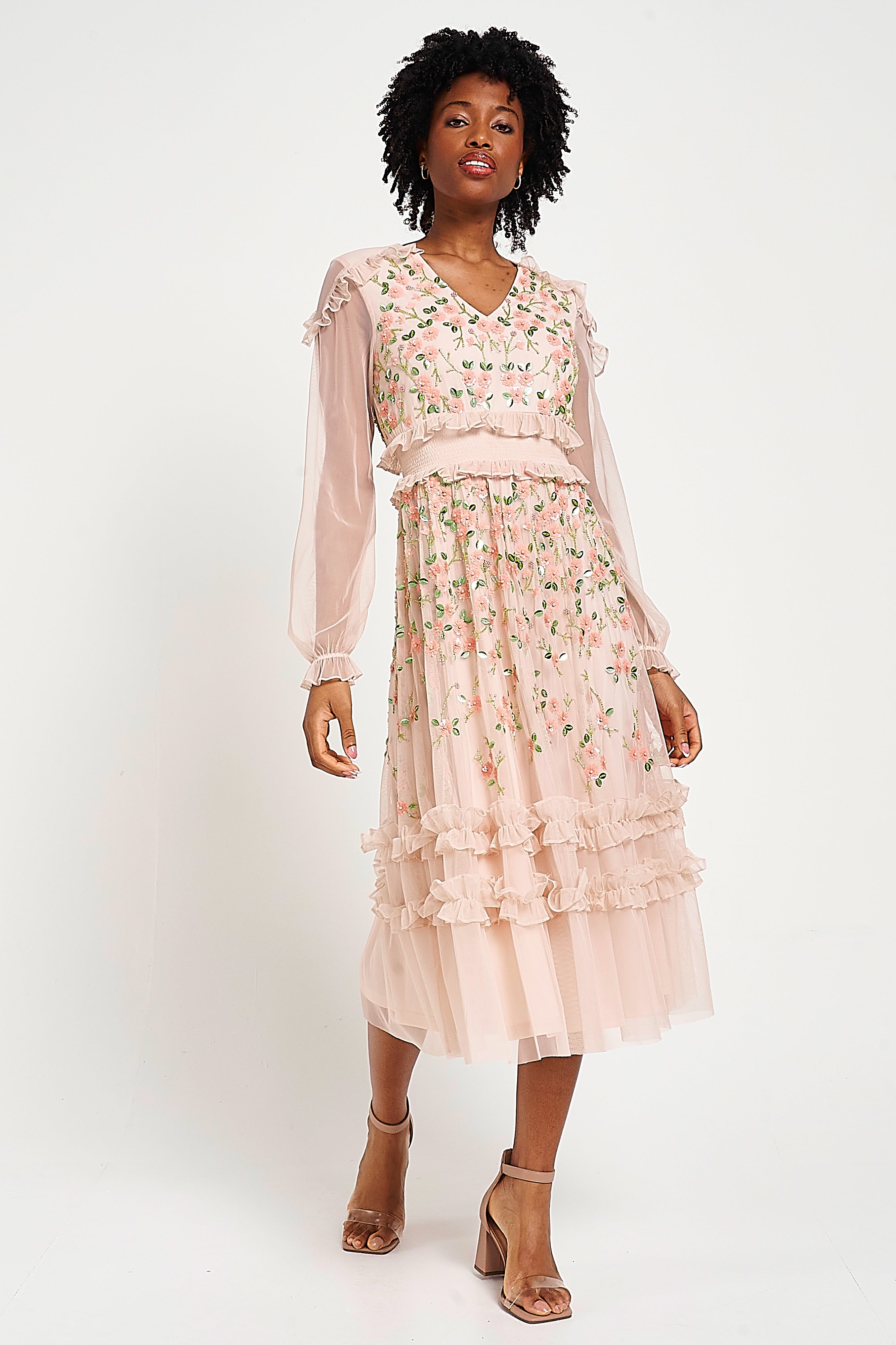 Eloise Blush Floral Embellished Midi Dress