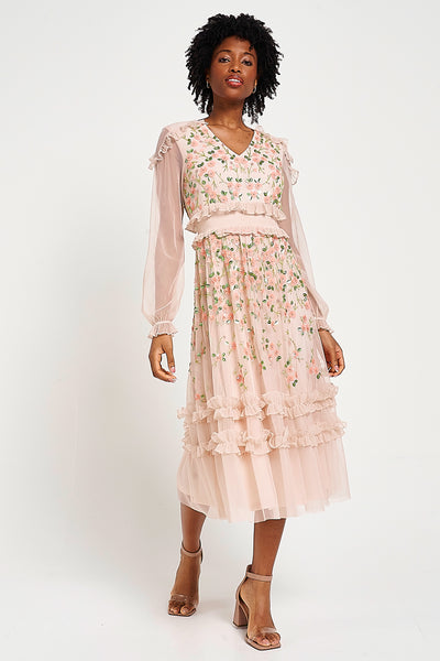 Eloise Blush Floral Embellished Midi Dress – Frock and Frill