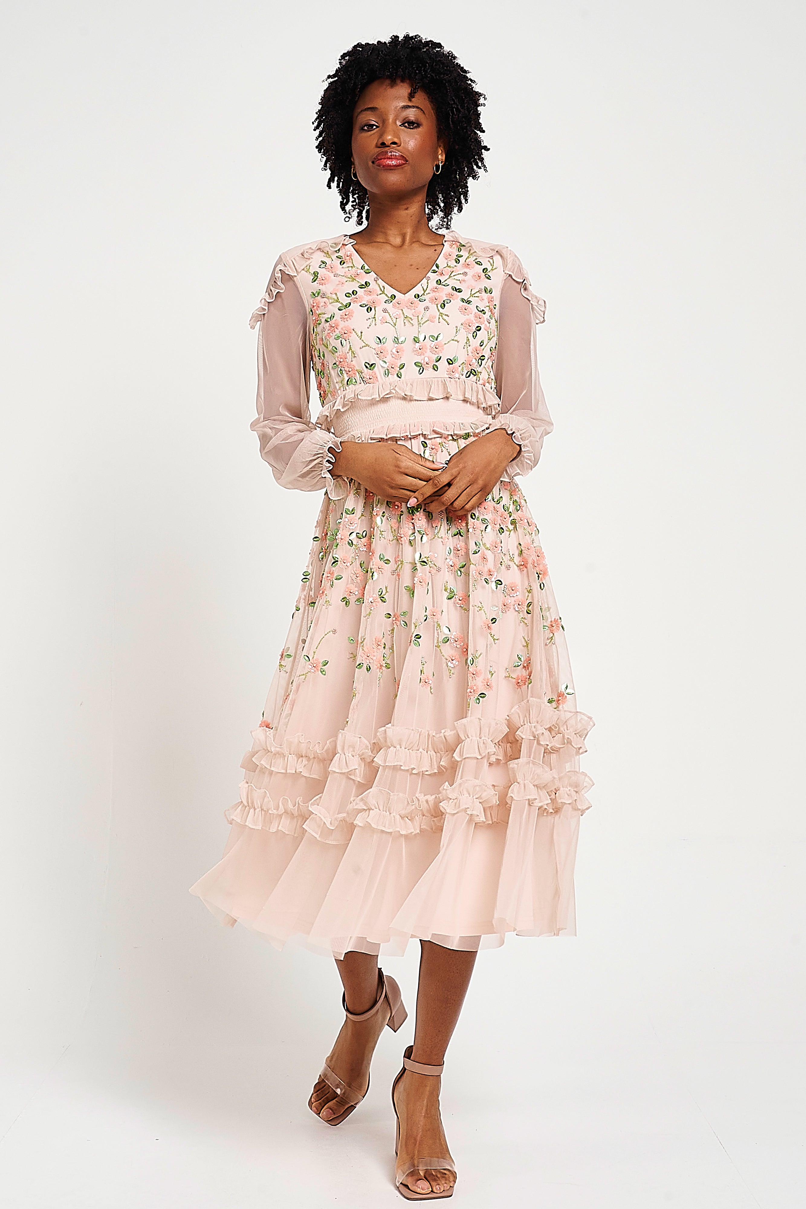 Eloise Blush Floral Embellished Midi Dress