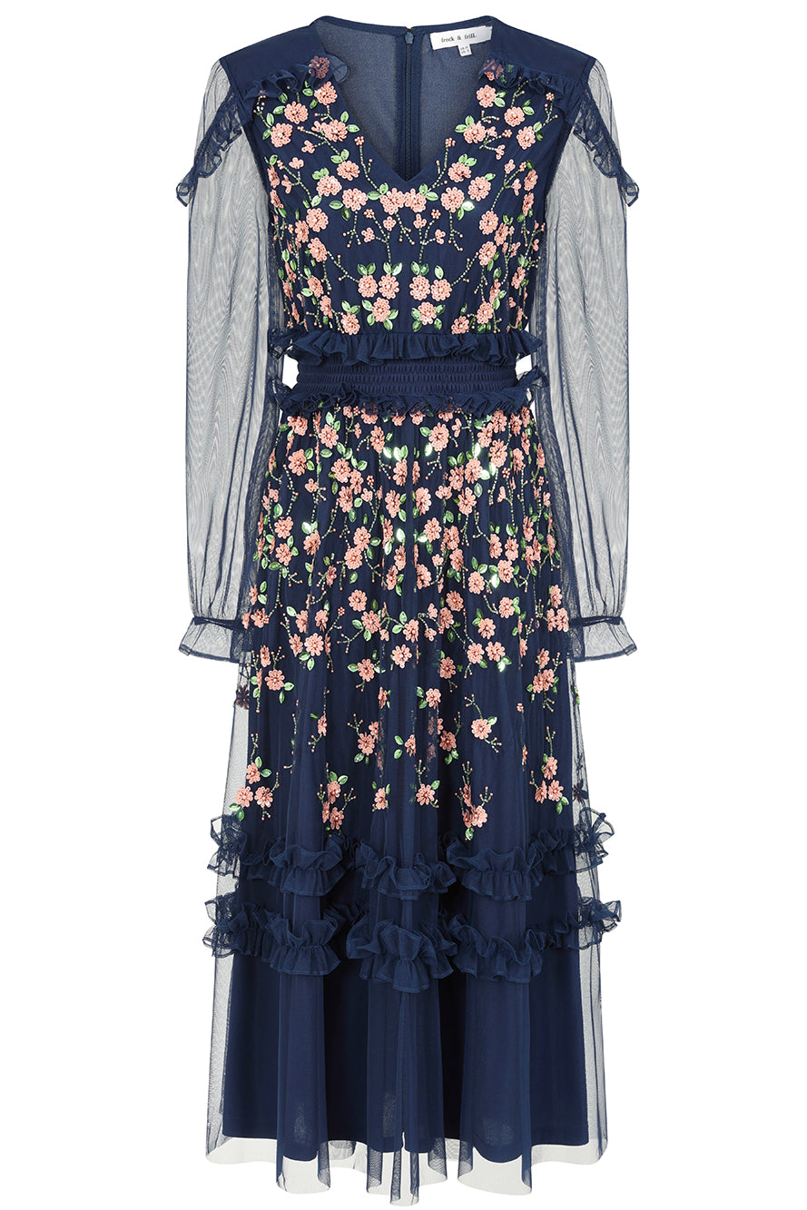 Eloise Navy Floral Embellished Midi Dress 