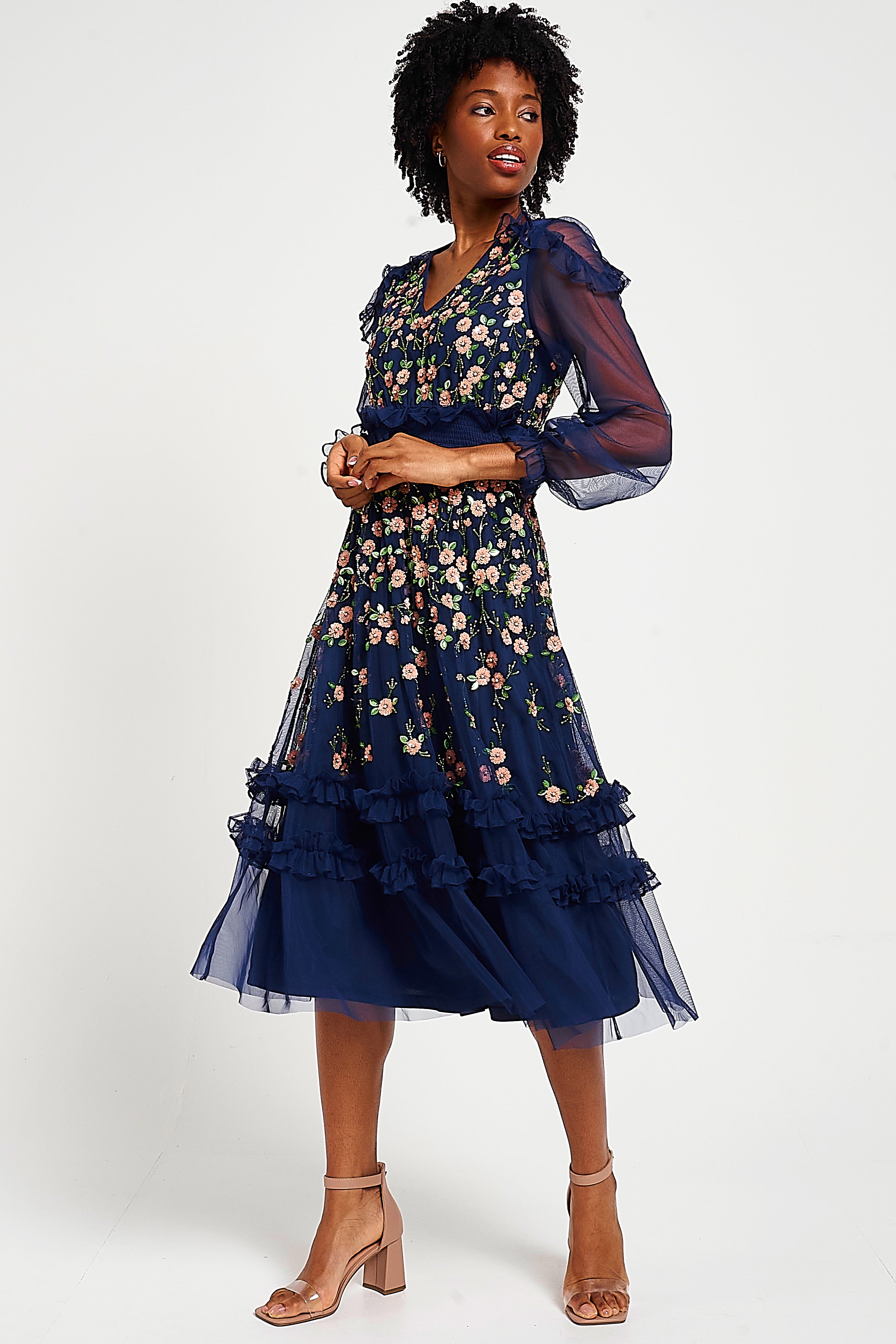 Eloise Navy Floral Embellished Midi Dress Frock and Frill Eloise Navy Floral Embellished Midi Dress Frock and Frill