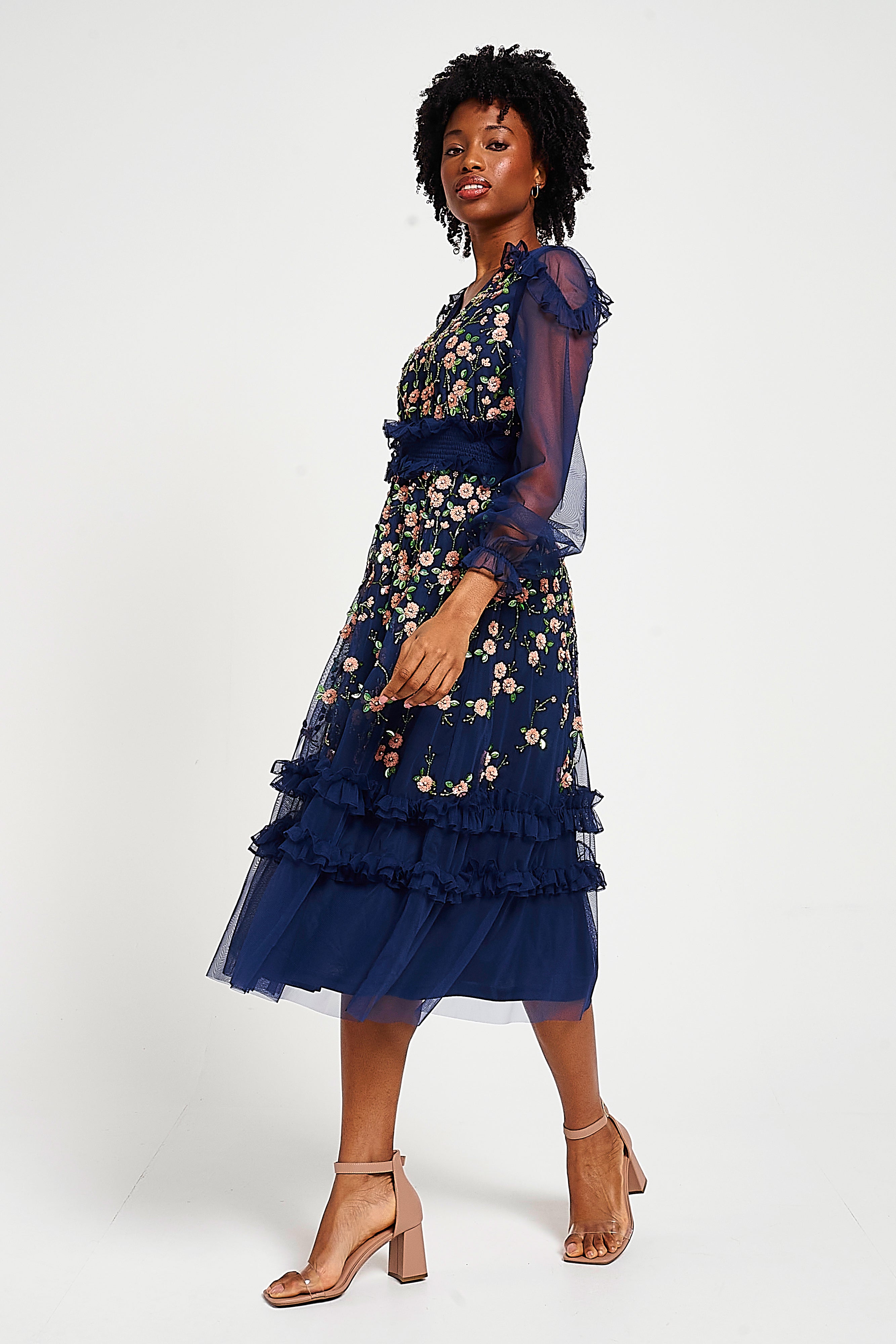 Eloise Navy Floral Embellished Midi Dress 
