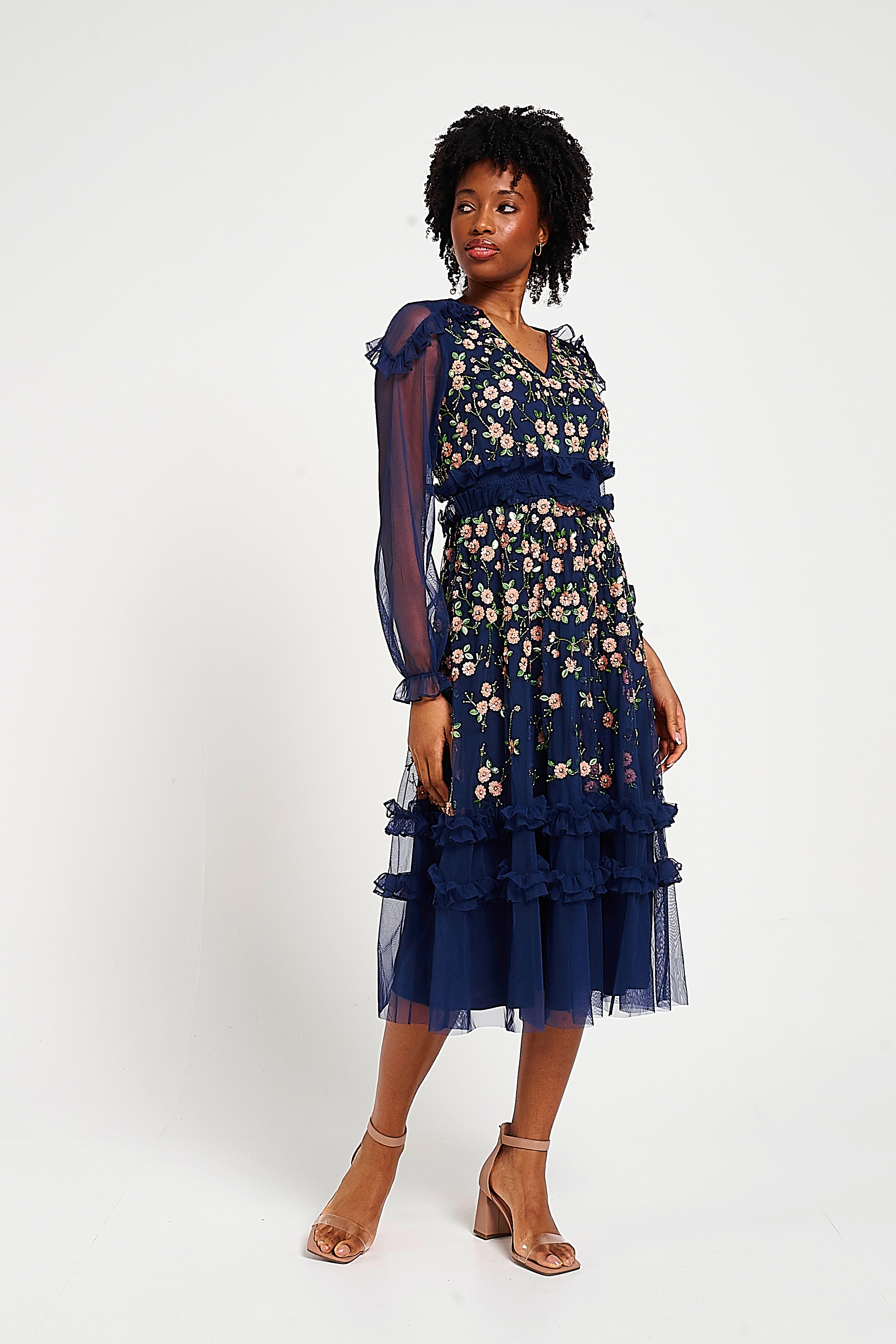 Eloise Navy Floral Embellished Midi Dress 